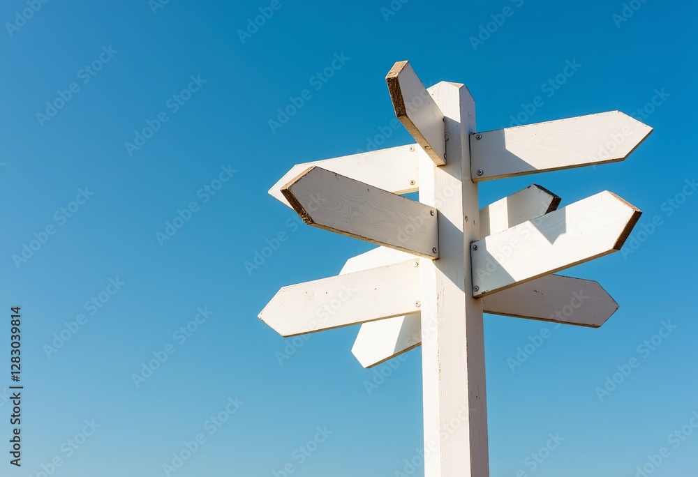 Multiple Paths Ahead: A white wooden signpost with arrows pointing in various directions against a clear blue sky represents choices, exploration, and direction. Ideal for travel.
Multiple Paths Ahead: A white wooden signpost with arrows pointing in various directions against a clear blue sky represents choices, exploration, and direction. Ideal for travel.