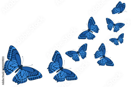Beautiful Blue Butterflies Gracefully Flying in Formation Across a Transparent Background