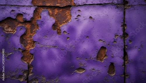 Vintage purple wall with peeling paint and rust patches revealing underlying texture and color contrasts in urban environment. photo