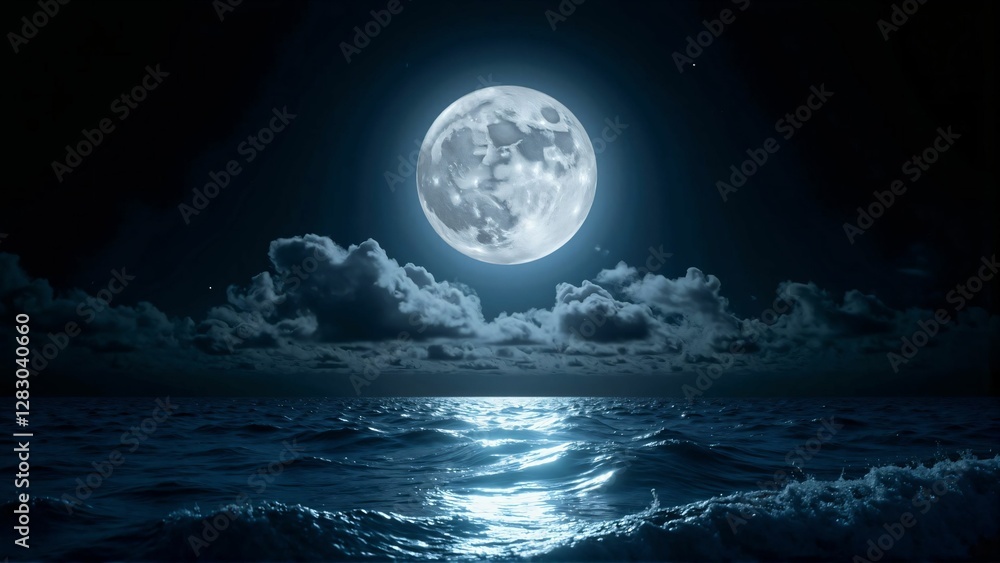 Mystical Moonlit Ocean – Bright Full Moon Illuminating the Dark Waves of the Sea Mystical Moonlit Ocean – Bright Full Moon Illuminating the Dark Waves of the Sea