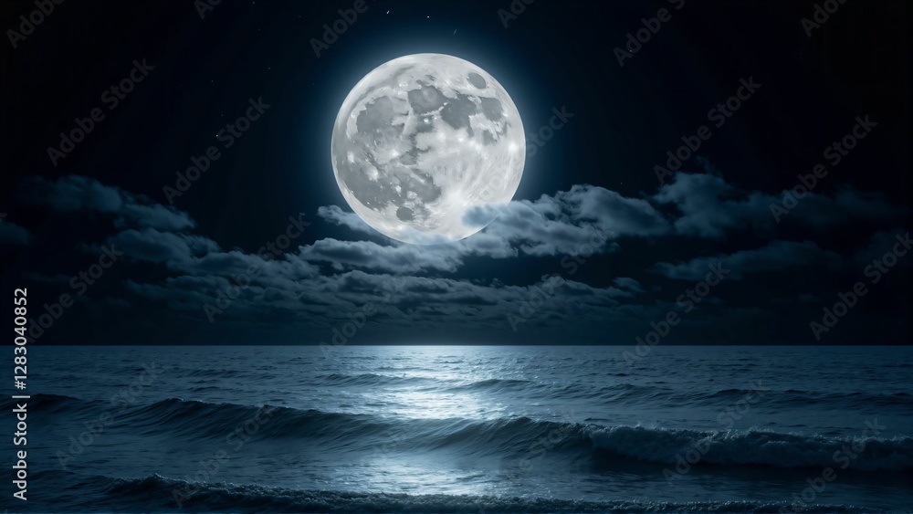 Mystical Moonlit Ocean – Bright Full Moon Illuminating the Dark Waves of the Sea Mystical Moonlit Ocean – Bright Full Moon Illuminating the Dark Waves of the Sea
