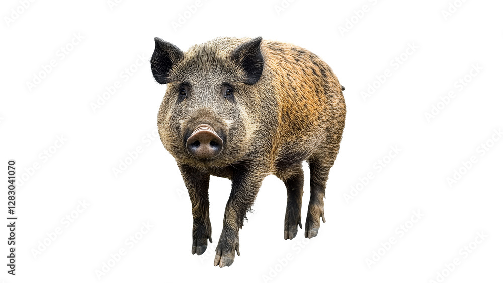 Fototapeta premium Wild boar walking on white background