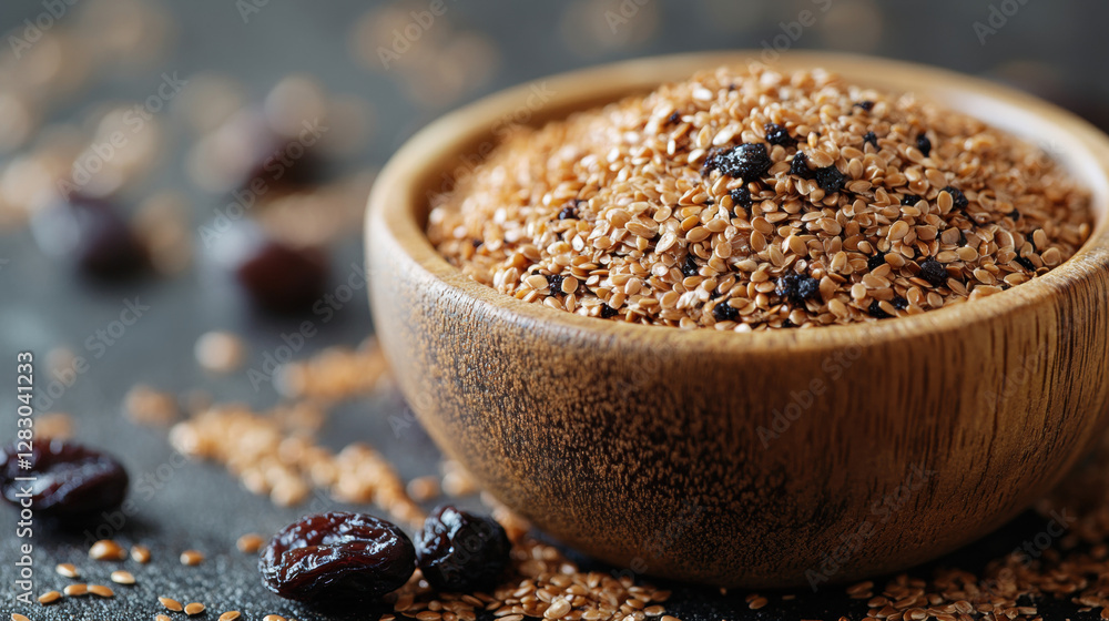 Laxative, A high-fidelity image of a wooden bowl containing flaxseeds, prunes, and pistachios. Laxative, A high-fidelity image of a wooden bowl containing flaxseeds, prunes, and pistachios.