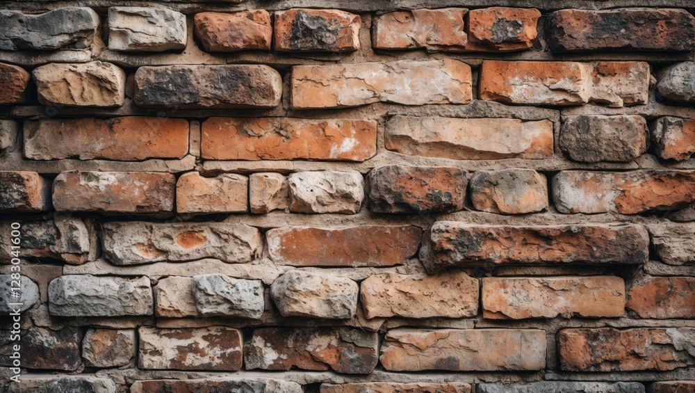 Textured wall of old bricks in varying shades of red and gray showcasing weathered and uneven surfaces Textured wall of old bricks in varying shades of red and gray showcasing weathered and uneven surfaces