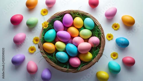 Colorful Easter eggs in a woven basket surrounded by artificial flowers and green grass on a white background
