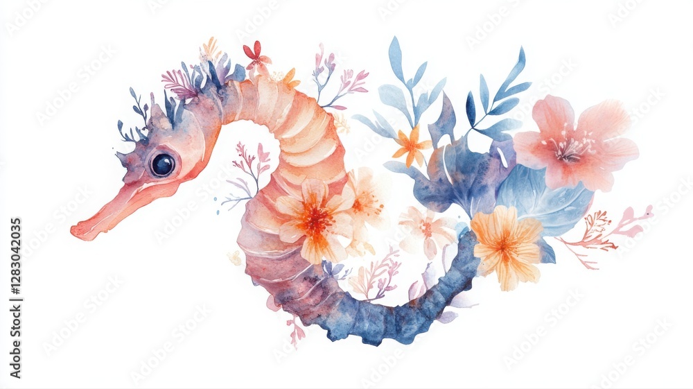 Fototapeta premium Delicate watercolor seahorse created from tropical flowers with soft pastels. Generative AI