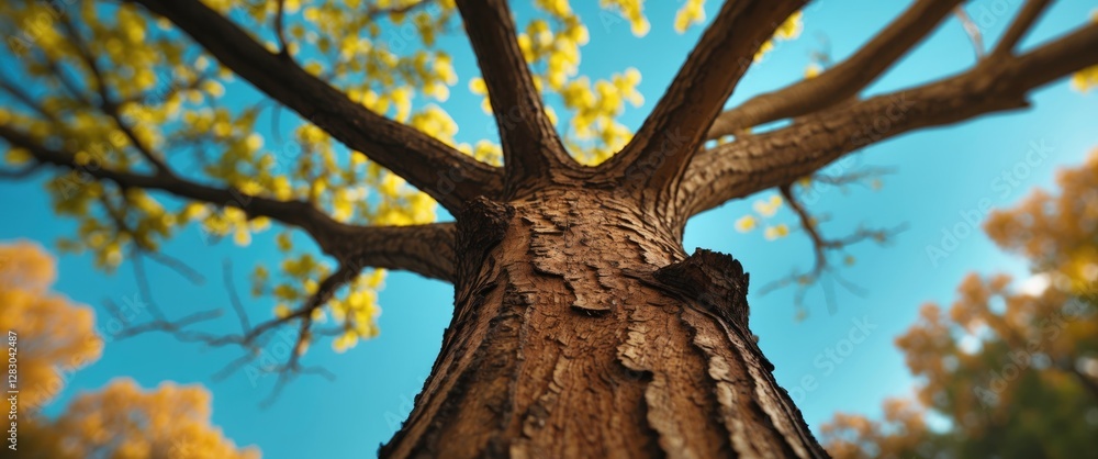 Naklejka premium Low angle view of a tree trunk with textured bark and green leaves against a clear blue sky in a natural outdoor setting