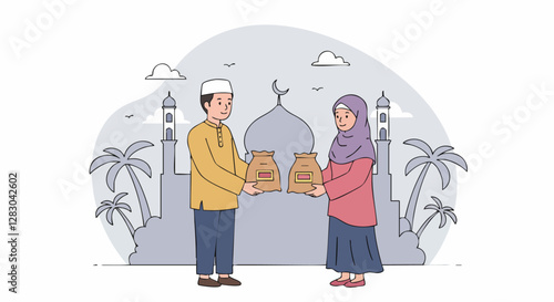 Middle Eastern man and woman exchanging food packages in front of mosque silhouette, symbolizing generosity during Ramadan.
