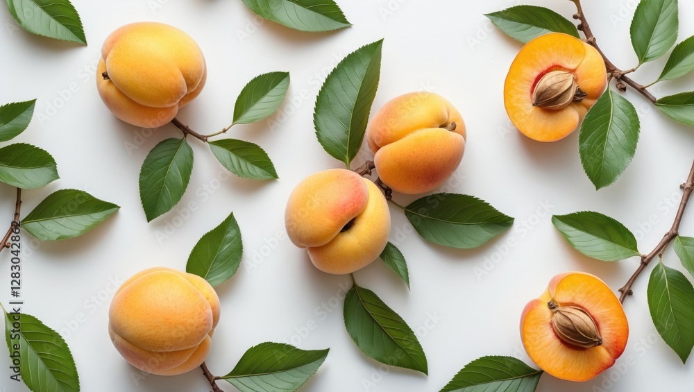 Fresh peaches with leaves arranged on a white background showcasing ripe fruit and natural foliage. Fresh peaches with leaves arranged on a white background showcasing ripe fruit and natural foliage.