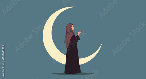 A woman in a hijab stands in prayer with a crescent moon backdrop, symbolizing faith and spirituality during Ramadan.