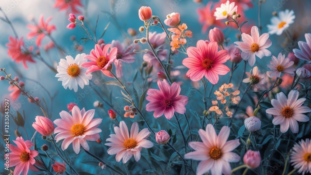 Colorful blooming flowers in a soft-lit garden displaying various species of daisies and wildflowers in pastel shades. Colorful blooming flowers in a soft-lit garden displaying various species of daisies and wildflowers in pastel shades.