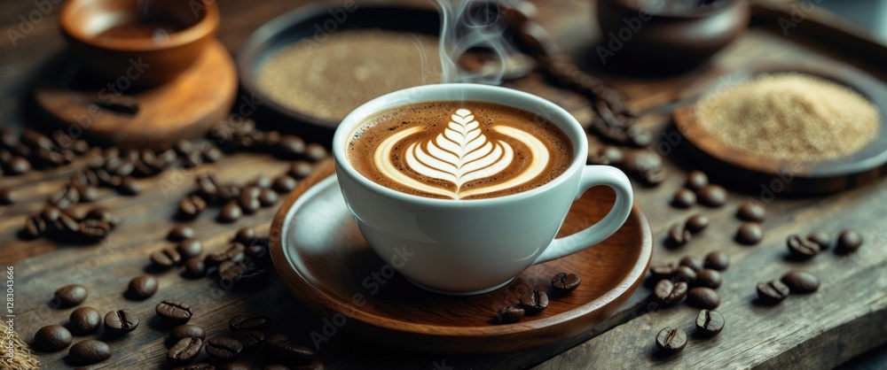 Coffee cup with latte art on wooden table surrounded by coffee beans and various coffee materials Coffee cup with latte art on wooden table surrounded by coffee beans and various coffee materials