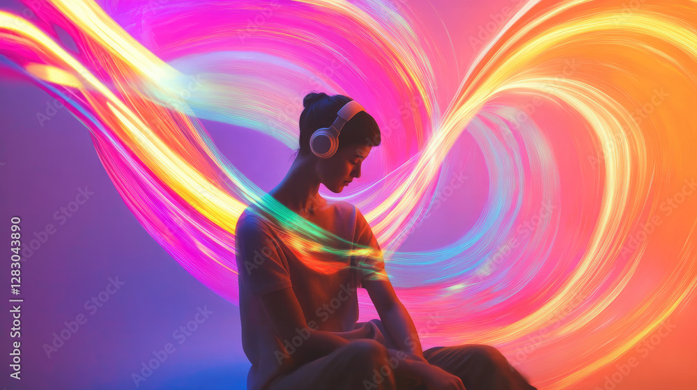 A person surrounded by swirling sound waves, symbolizing the healing power of music therapy on the body and mind. A person surrounded by swirling sound waves, symbolizing the healing power of music therapy on the body and mind.