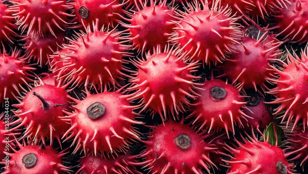 Close-up view of spiky red fruits with a textured surface arranged densely on a dark background Close-up view of spiky red fruits with a textured surface arranged densely on a dark background