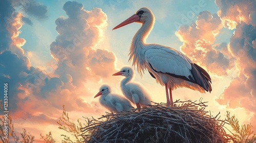 mother stork with newborn baby in nest bird family in nature wildlife love with white wings beak and feathers outdoor birdwatching and wild fauna in sky with caring parenting environment