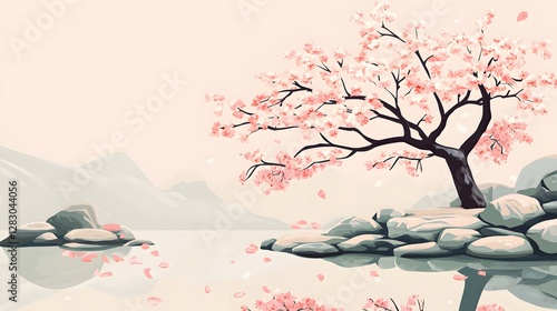 Serene landscape with cherry blossom tree, tranquil water reflection, soft pastel colors, peaceful atmosphere, nature theme.