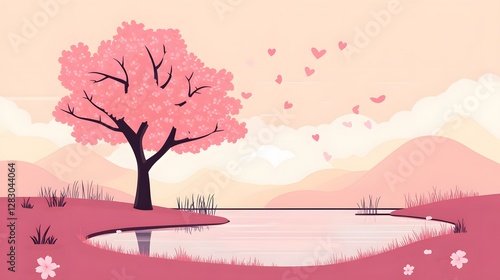 Serene landscape with cherry blossom tree, tranquil pond reflecting soft pink hues, perfect for relaxation and contemplation.