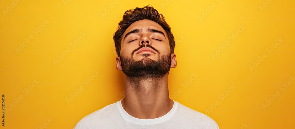 Obraz premium Calm focused man meditating with closed eyes and relaxed expression in front of a bright yellow background wearing a white shirt with a upward gaze