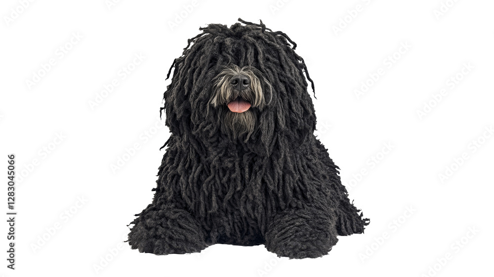 Black fluffy dog with dreadlocks sitting calmly Black fluffy dog with dreadlocks sitting calmly