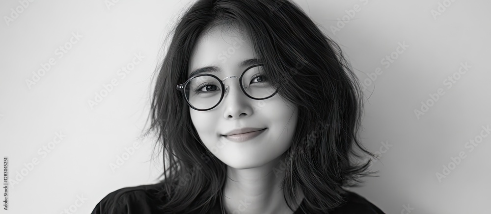Young woman with glasses smiling softly against a light gray background, featuring dark hair and casual black clothing. Monochrome aesthetic. Young woman with glasses smiling softly against a light gray background, featuring dark hair and casual black clothing. Monochrome aesthetic.