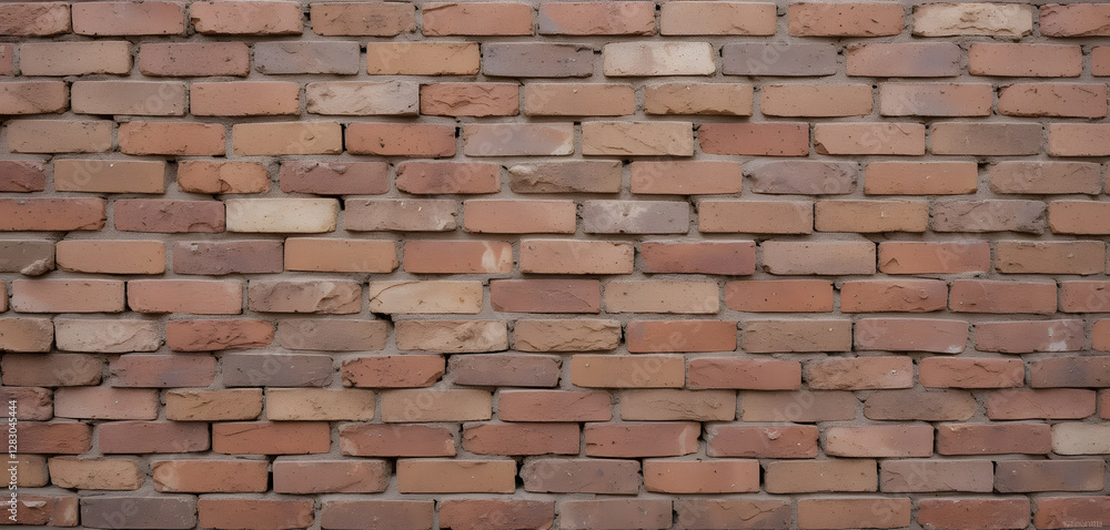 Fototapeta premium Reddish-Brown Brick Wall with Uniform Mortar Lines in a Staggered Pattern, Common Construction Method for Stability and Strength