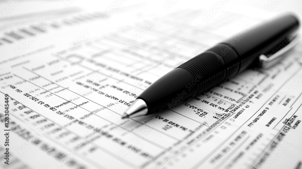 Black pen on a financial report with charts and graphs, illustrating professional business analysis, financial planning, and office productivity in corporate or consulting settings. Black pen on a financial report with charts and graphs, illustrating professional business analysis, financial planning, and office productivity in corporate or consulting settings.