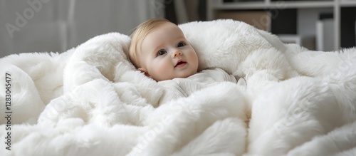 Plush white faux fur blanket enveloping a serene baby, creating a cozy and luxurious atmosphere perfect for warmth and snuggles.