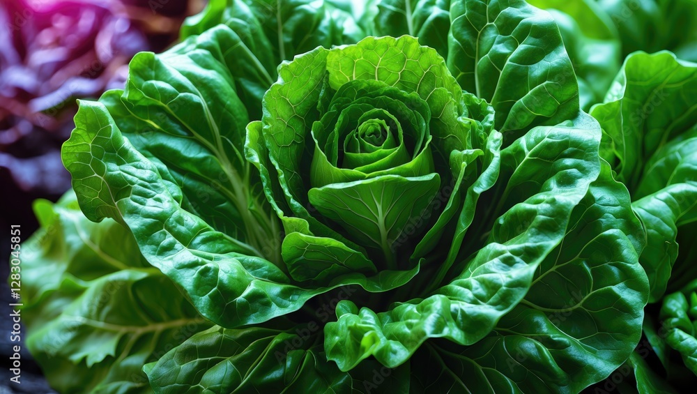 Obraz premium Fresh green lettuce head close-up with detailed leaves and vibrant texture on dark background