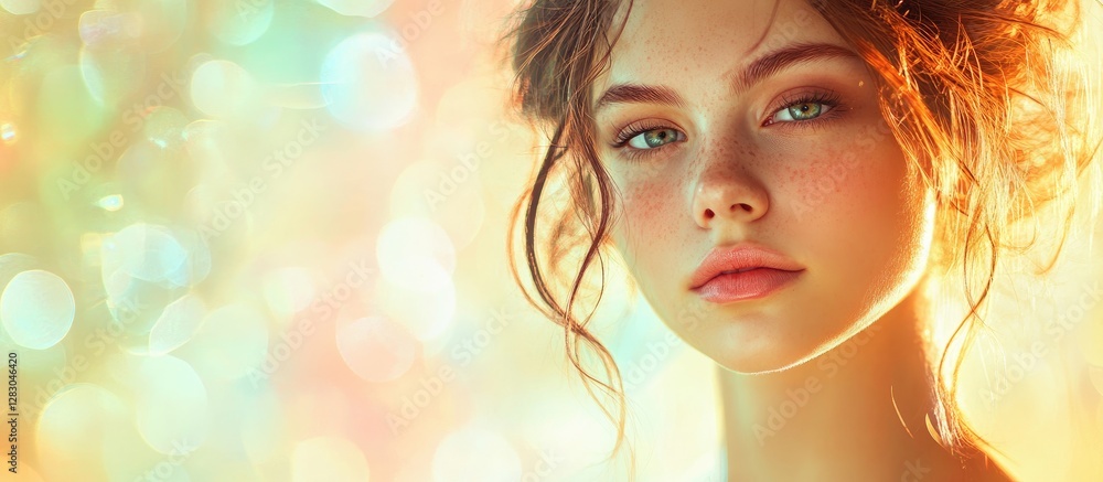 Young beautiful girl with soft features gazing at the camera, illuminated by a warm light background, with vibrant bokeh effects in soft colors. Young beautiful girl with soft features gazing at the camera, illuminated by a warm light background, with vibrant bokeh effects in soft colors.