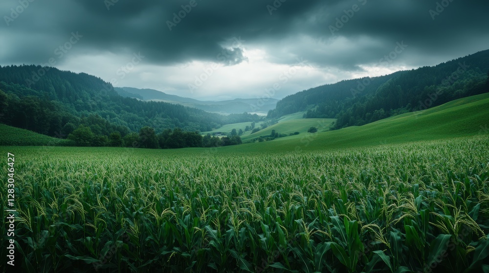 Fototapeta premium Green maize fields sway in the wind on a stormy summer day. The valley is surrounded by mountains with forests.