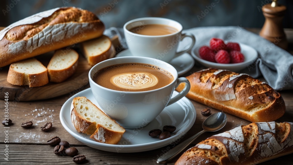 Coffee and assorted bread on a rustic wooden table with raspberries and coffee beans for a delightful breakfast setting Coffee and assorted bread on a rustic wooden table with raspberries and coffee beans for a delightful breakfast setting