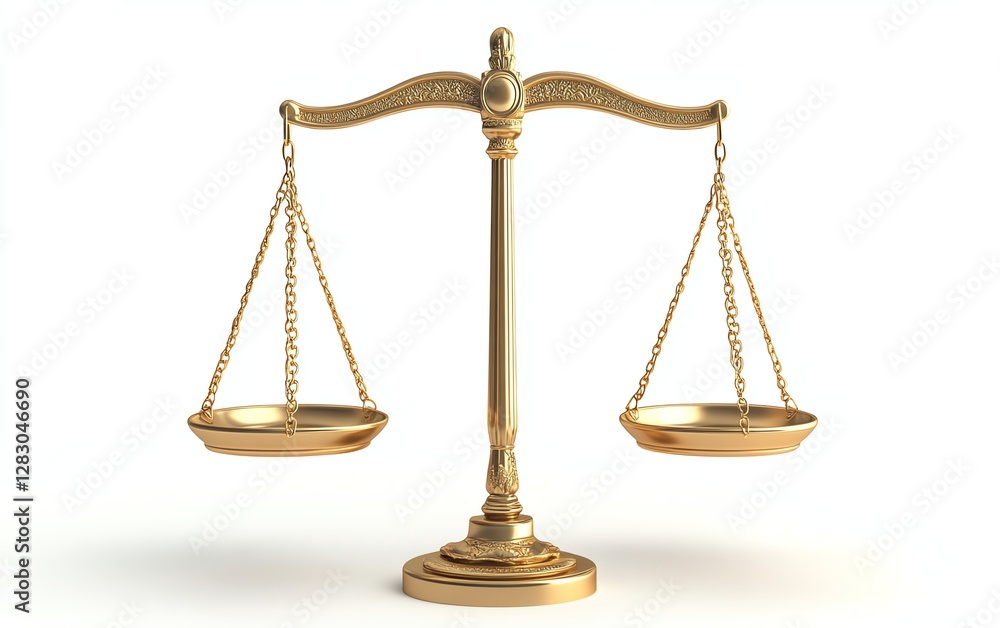 Two golden balance scales, justice and fairness concept, displayed from various angles, isolated on white background, 3D rendering Two golden balance scales, justice and fairness concept, displayed from various angles, isolated on white background, 3D rendering