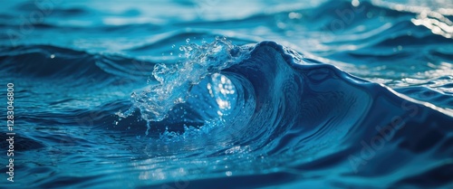 Close-up of a curling ocean wave with crystal clear water and sunlight reflecting on the surface creating a dynamic water texture