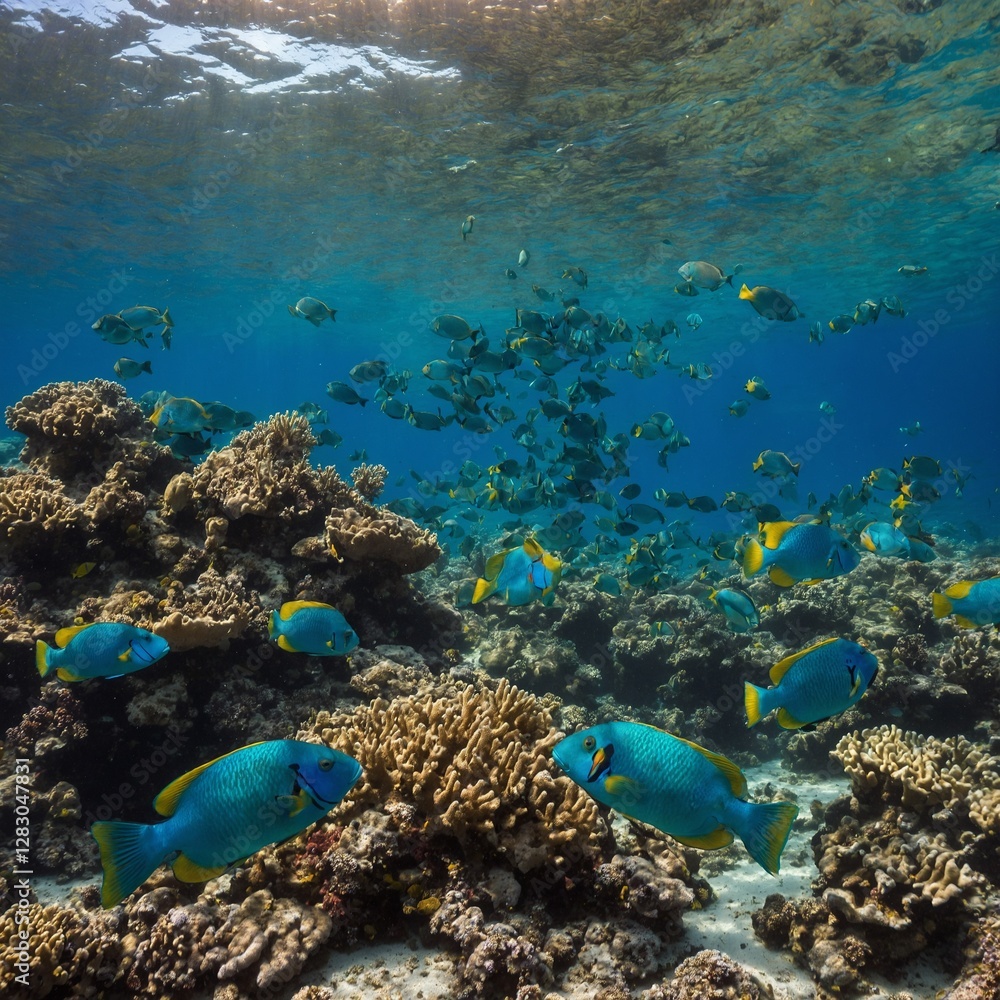 Naklejka premium A school of parrotfish swimming in and out of coral reefs, their vibrant colors shimmering.