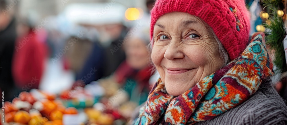 Fototapeta premium Cheerful elderly woman in colorful winter scarf and pink hat smiling at Christmas market with festive decorations in soft blurred background
