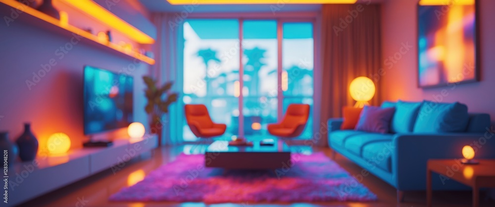 Modern living room with vibrant color accents and a cozy atmosphere featuring contemporary furnishings and large windows. Modern living room with vibrant color accents and a cozy atmosphere featuring contemporary furnishings and large windows.