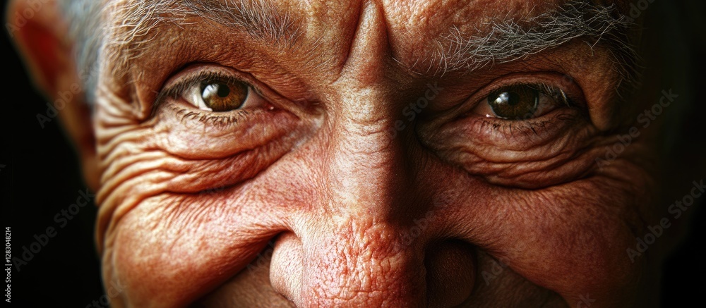 Close-up portrait of an elderly man with deep-set wrinkles and expressive brown eyes, illuminated against a dark background. Close-up portrait of an elderly man with deep-set wrinkles and expressive brown eyes, illuminated against a dark background.