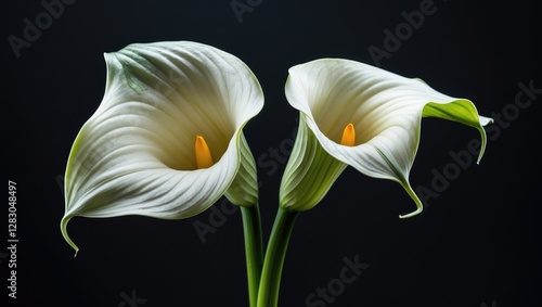 Elegant calla lilies on a contrasting black background showcasing their delicate features and vibrant colors in a striking floral composition.