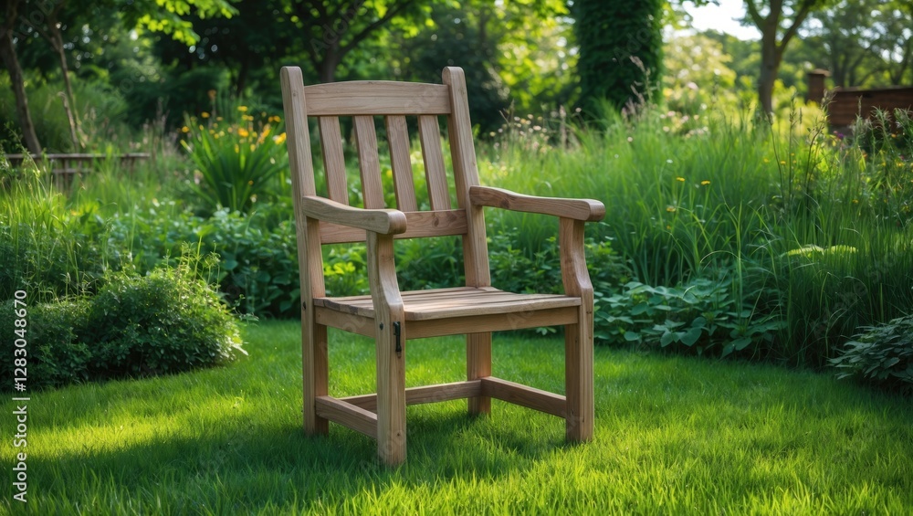 Wooden garden chair on lush green grass surrounded by vibrant plants and trees in a serene outdoor setting. Wooden garden chair on lush green grass surrounded by vibrant plants and trees in a serene outdoor setting.
