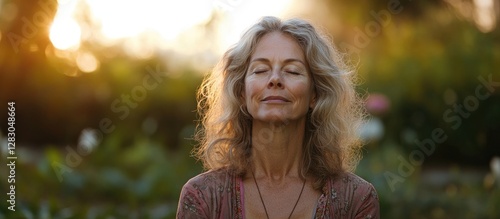 Middle aged woman meditating outdoors with soft sunlight illuminating her face surrounded by greenery promoting mindful acceptance and positivity