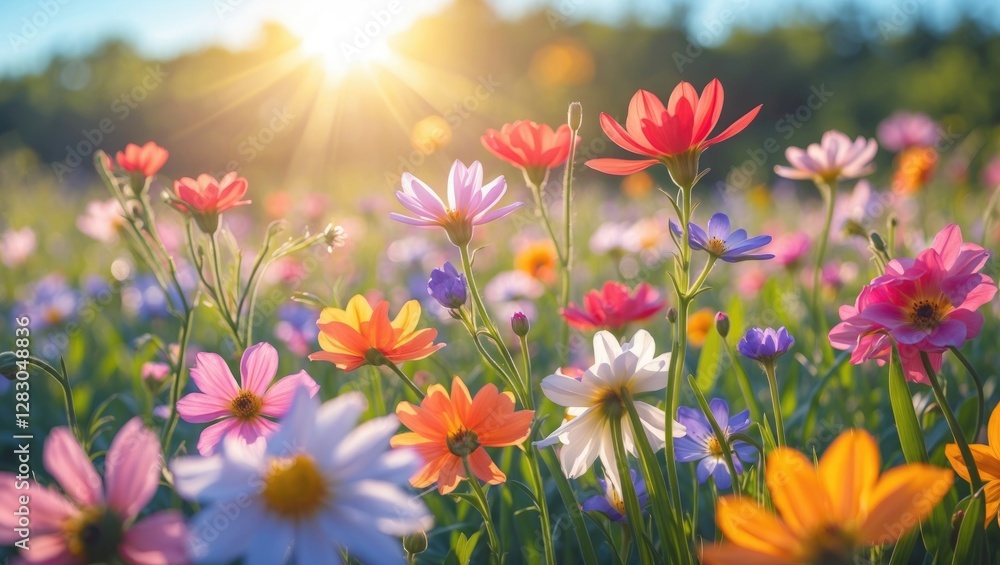 Colorful wildflowers blooming in a sunny meadow during springtime with sunlight illuminating the scene and a blurred background. Colorful wildflowers blooming in a sunny meadow during springtime with sunlight illuminating the scene and a blurred background.