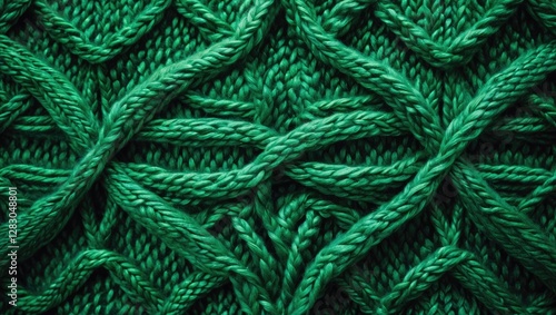 Green knitted pattern with textured cables showcasing interwoven strands of yarn in varying shades of green. photo