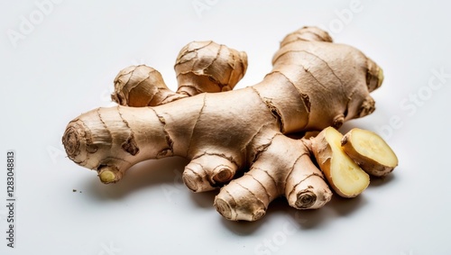 Fresh organic ginger root with sliced pieces on a white background for culinary or health-related themes. photo