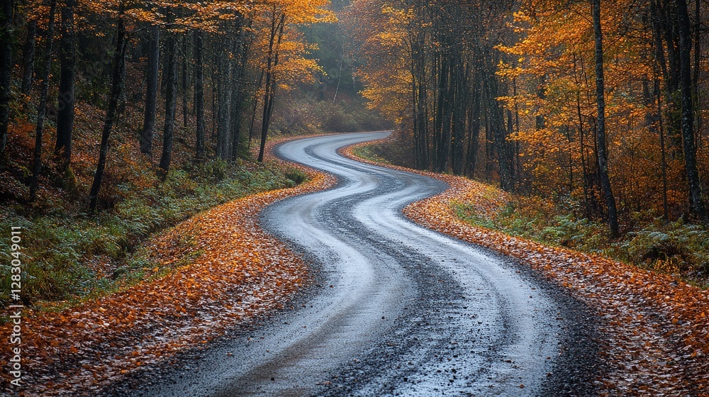 Fototapeta premium a picturesque rural road winding through the heart of an autumn forest with stunning fall foliage offering a scenic and peaceful nature travel experience