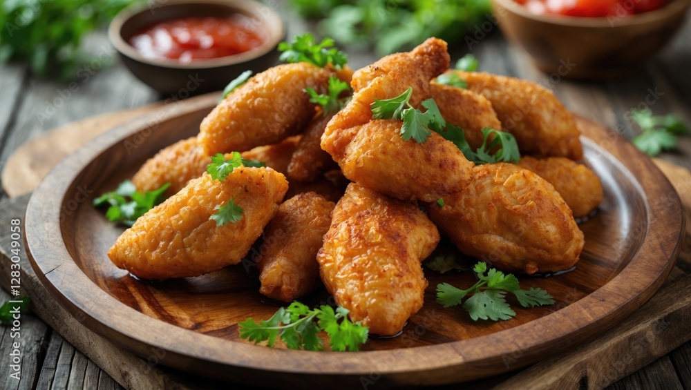 Delicious Chicken Karage on a rustic wooden plate garnished with fresh cilantro and served with dipping sauces. Ideal for food photography. Delicious Chicken Karage on a rustic wooden plate garnished with fresh cilantro and served with dipping sauces. Ideal for food photography.