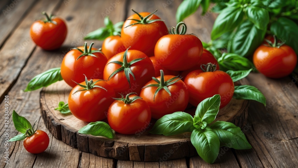 Fresh ripe tomatoes and basil leaves on a wooden cutting board with rustic background Fresh ripe tomatoes and basil leaves on a wooden cutting board with rustic background