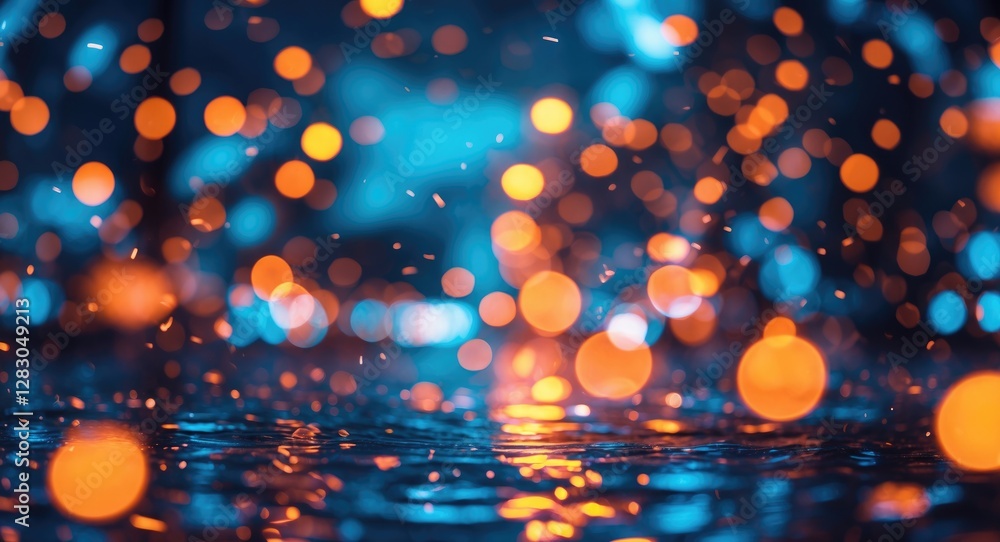 Bokeh lights in rich blue and orange hues creating a vibrant night background with reflections on a wet surface Bokeh lights in rich blue and orange hues creating a vibrant night background with reflections on a wet surface