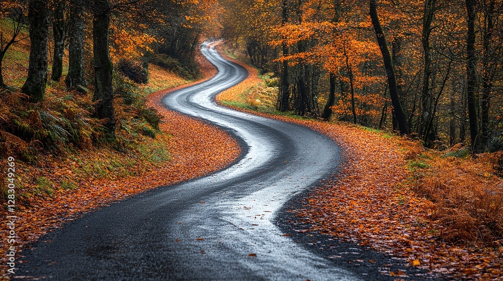 Fototapeta premium a picturesque rural road winding through the heart of an autumn forest with stunning fall foliage offering a scenic and peaceful nature travel experience