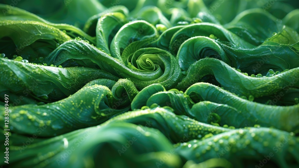Obraz premium Close-up of vibrant green algae with water droplets, showcasing intricate swirls and textures in a natural setting.