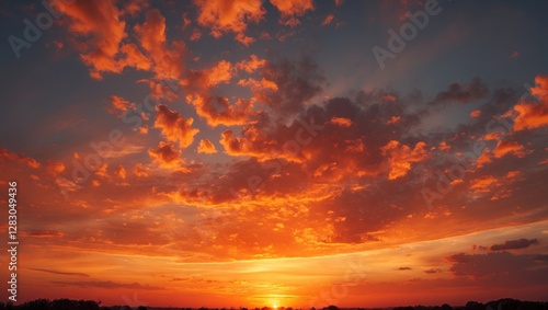 vibrant sunset with dramatic clouds in a colorful sky over a landscape during twilight hours photo